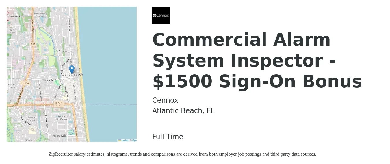 Cennox job posting for a Commercial Alarm System Inspector - $1500 Sign-On Bonus in Atlantic Beach, FL with a salary of $19 to $24 Hourly with a map of Atlantic Beach location.