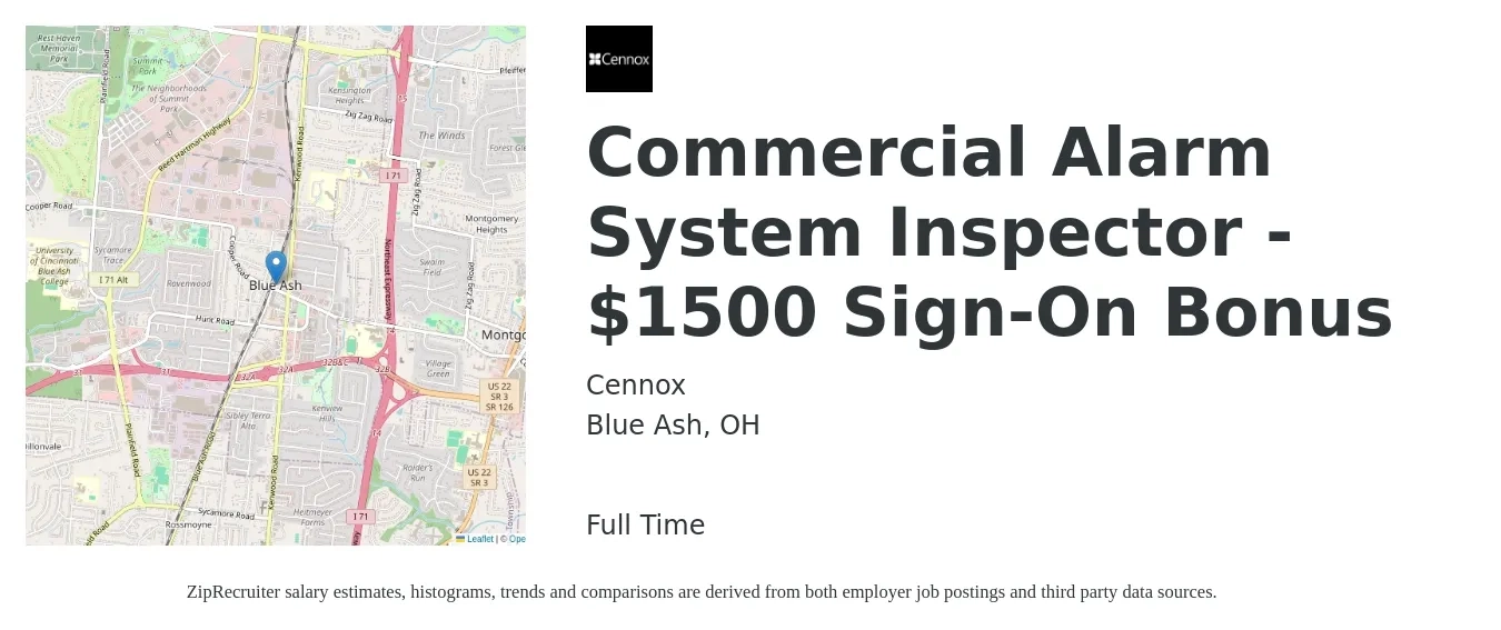 Cennox job posting for a Commercial Alarm System Inspector - $1500 Sign-On Bonus in Blue Ash, OH with a salary of $19 to $24 Hourly with a map of Blue Ash location.