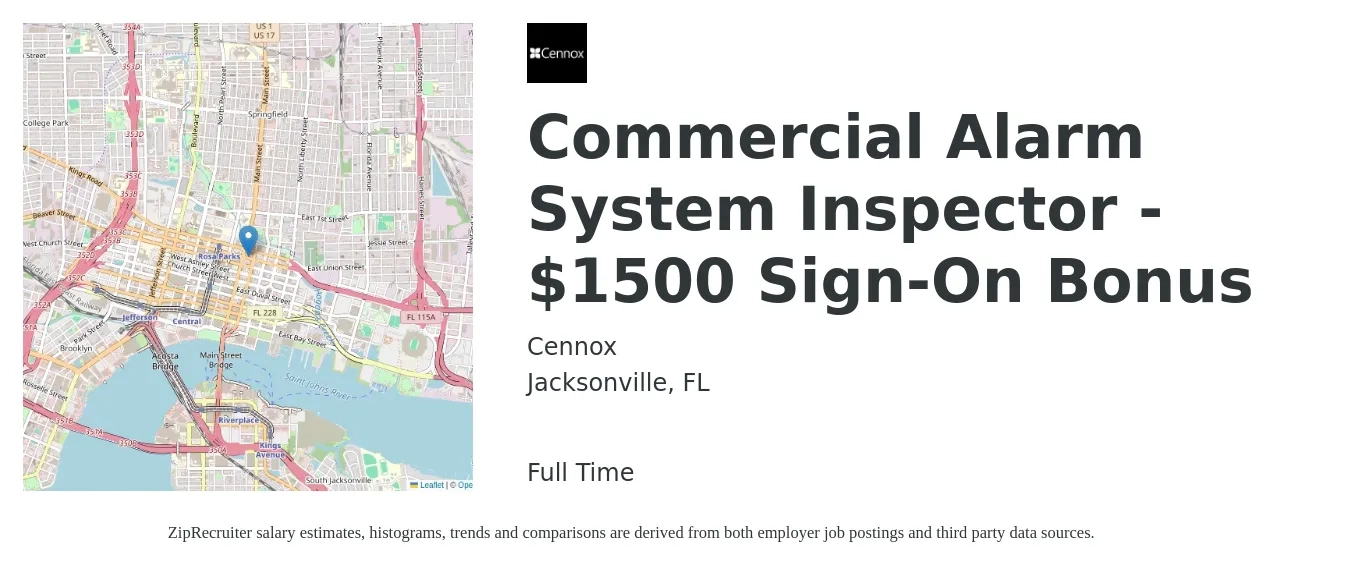 Cennox job posting for a Commercial Alarm System Inspector - $1500 Sign-On Bonus in Jacksonville, FL with a salary of $19 to $25 Hourly with a map of Jacksonville location.