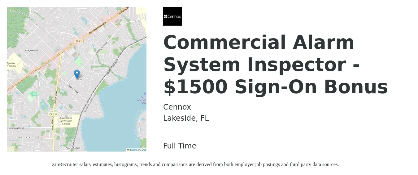 Cennox job posting for a Commercial Alarm System Inspector - $1500 Sign-On Bonus in Lakeside, FL with a salary of $18 to $23 Hourly with a map of Lakeside location.