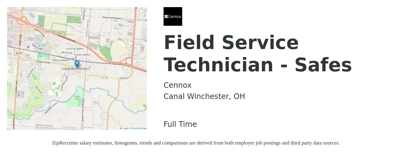 Cennox job posting for a Field Service Technician - Safes in Canal Winchester, OH with a salary of $19 to $28 Hourly with a map of Canal Winchester location.