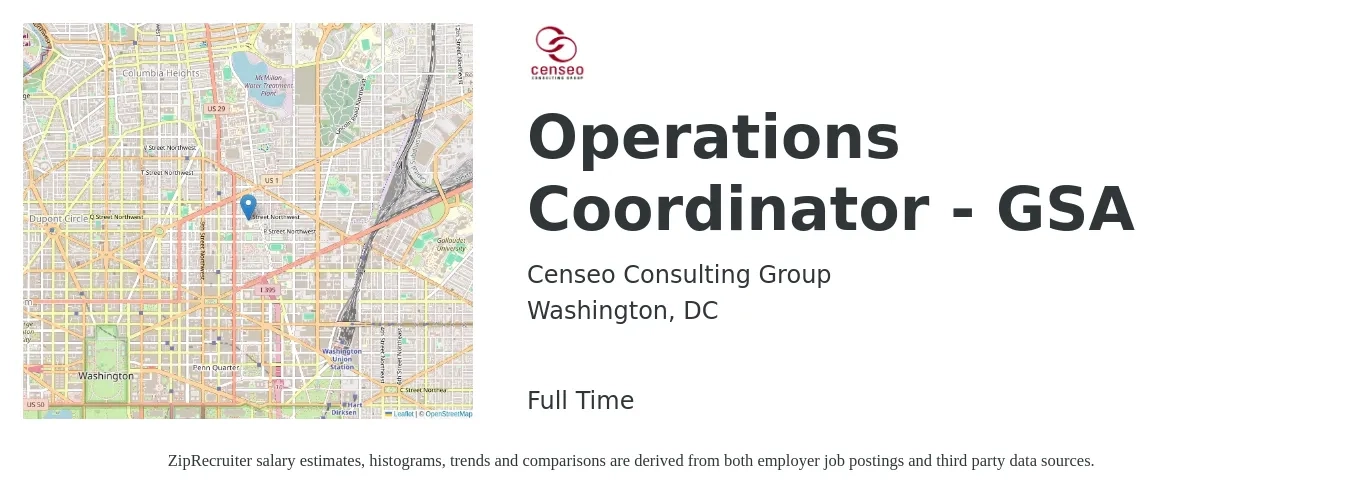 Censeo Consulting Group job posting for a Operations Coordinator - GSA in Washington, DC with a salary of $23 to $33 Hourly with a map of Washington location.