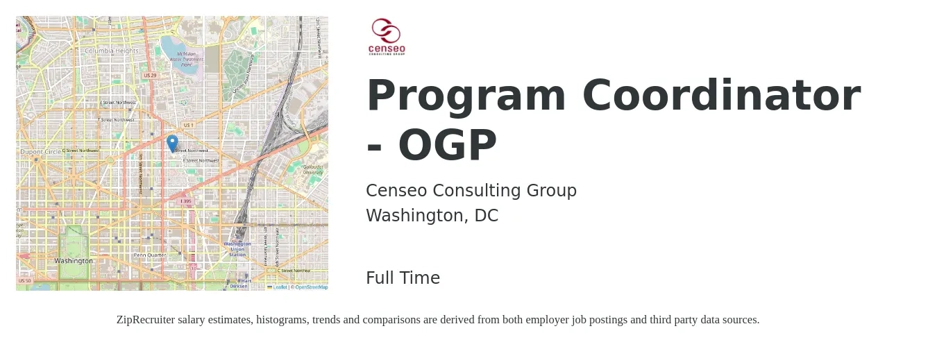 Censeo Consulting Group job posting for a Program Coordinator - OGP in Washington, DC with a salary of $47,400 to $70,000 Yearly with a map of Washington location.