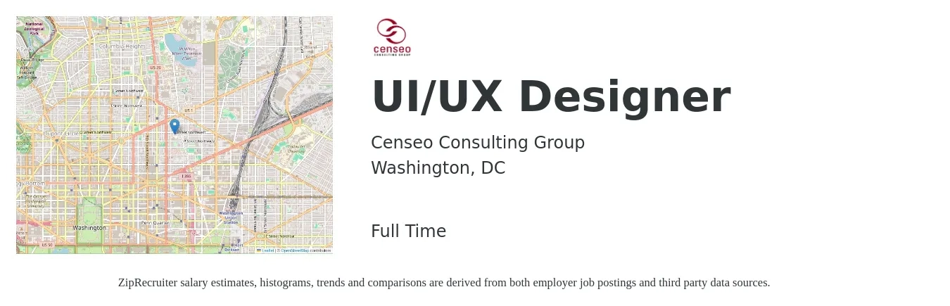 Censeo Consulting Group job posting for a UI/UX Designer in Washington, DC with a salary of $48 to $76 Hourly with a map of Washington location.