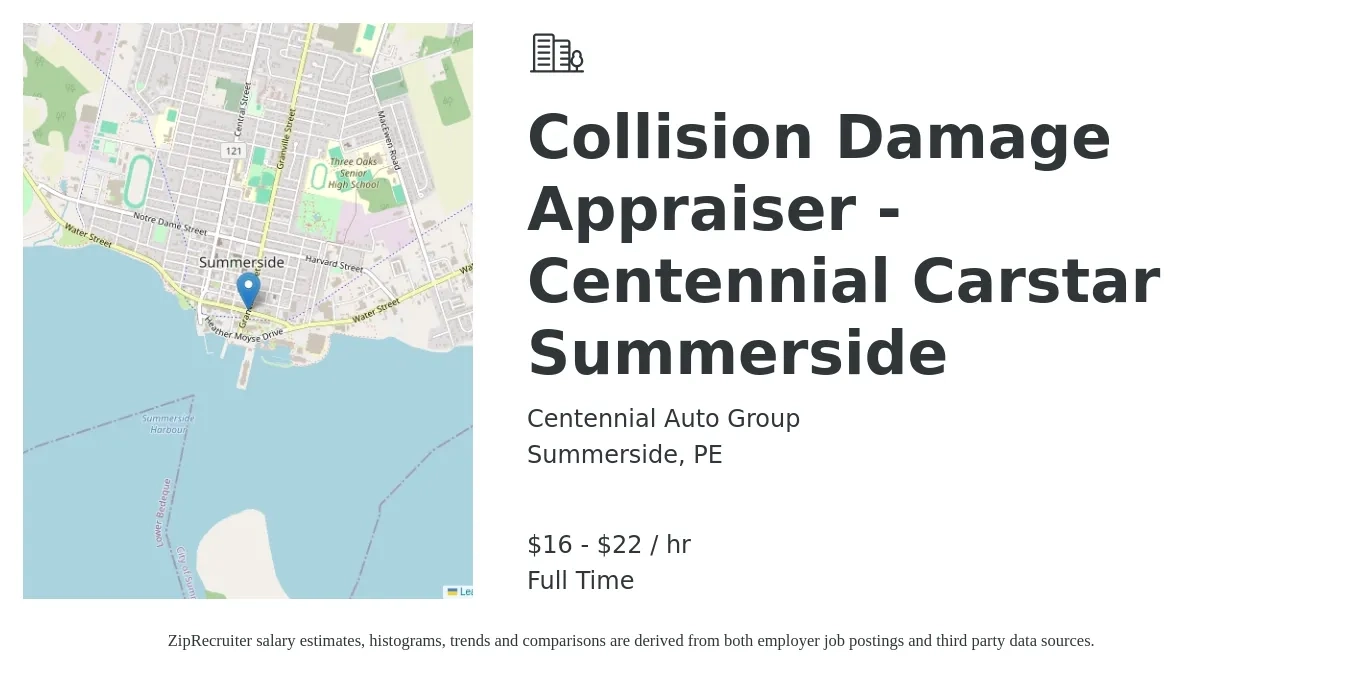 Centennial Auto Group job posting for a Collision Damage Appraiser - Centennial Carstar Summerside in Summerside, PE with a salary of $17 to $23 Hourly with a map of Summerside location.