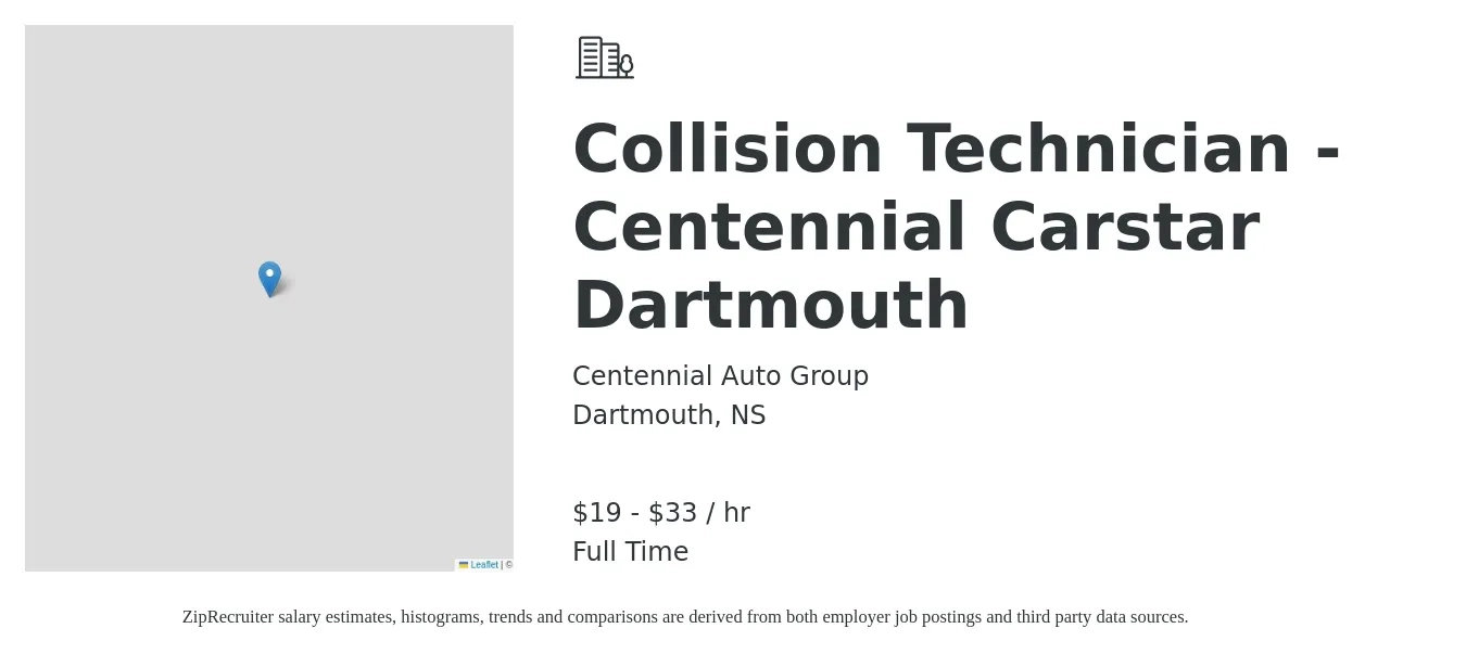 Centennial Auto Group job posting for a Collision Technician - Centennial Carstar Dartmouth in Dartmouth, NS with a salary of $20 to $35 Hourly with a map of Dartmouth location.