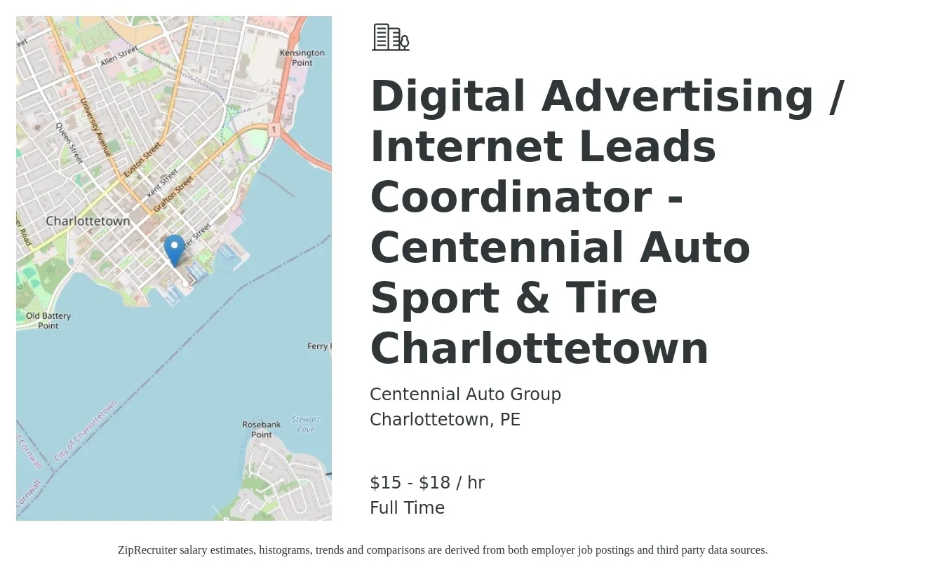 Centennial Auto Group job posting for a Digital Advertising / Internet Leads Coordinator - Centennial Auto Sport & Tire Charlottetown in Charlottetown, PE with a salary of $16 to $19 Hourly with a map of Charlottetown location.