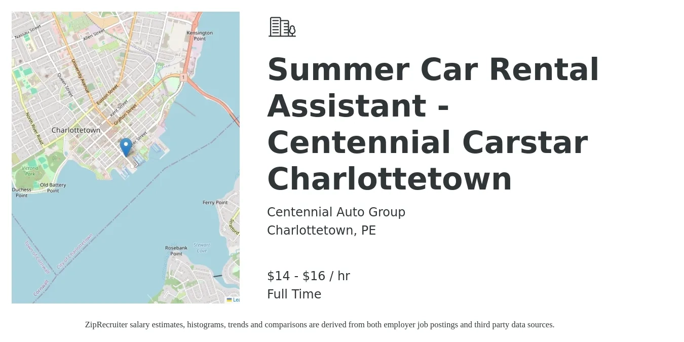 Centennial Auto Group job posting for a Summer Car Rental Assistant - Centennial Carstar Charlottetown in Charlottetown, PE with a salary of $15 to $18 Hourly with a map of Charlottetown location.