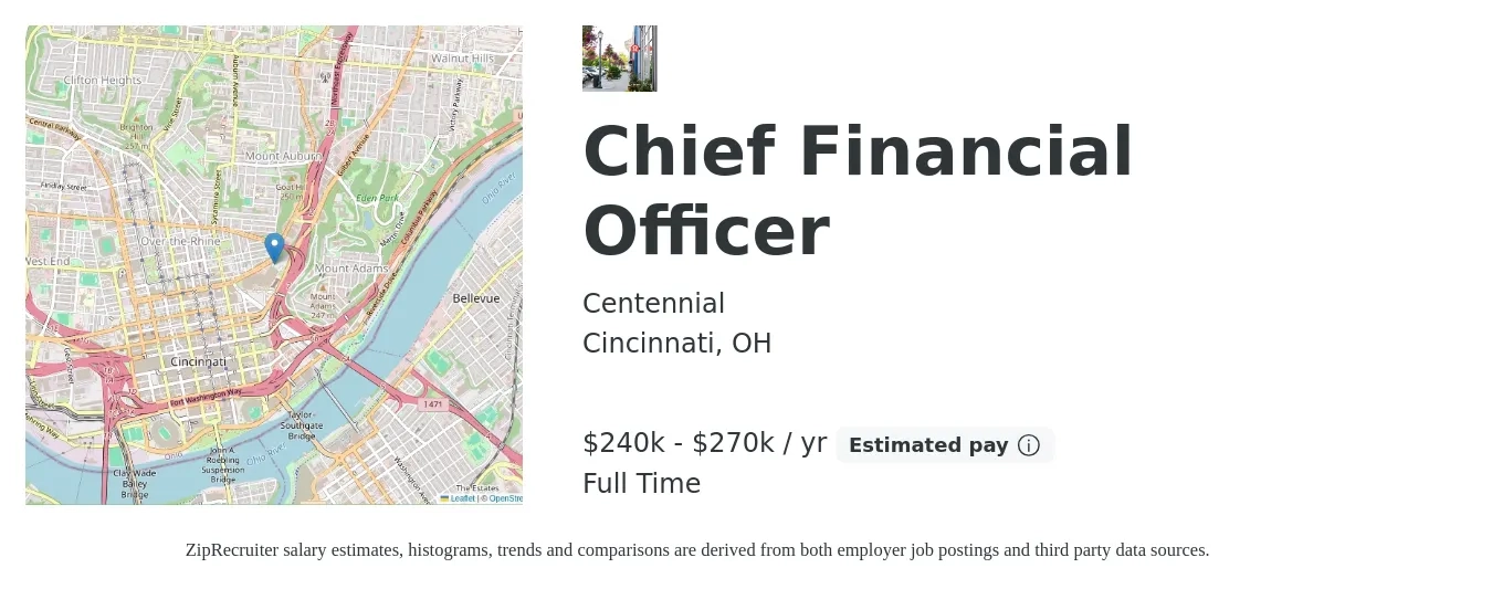 Centennial job posting for a Chief Financial Officer in Cincinnati, OH with a salary of $240,000 to $270,000 Yearly with a map of Cincinnati location.