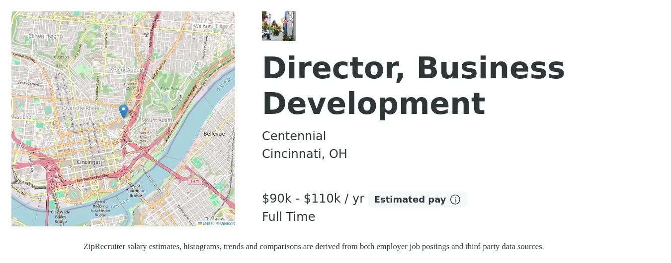 Centennial job posting for a Director, Business Development in Cincinnati, OH with a salary of $90,000 to $110,000 Yearly with a map of Cincinnati location.