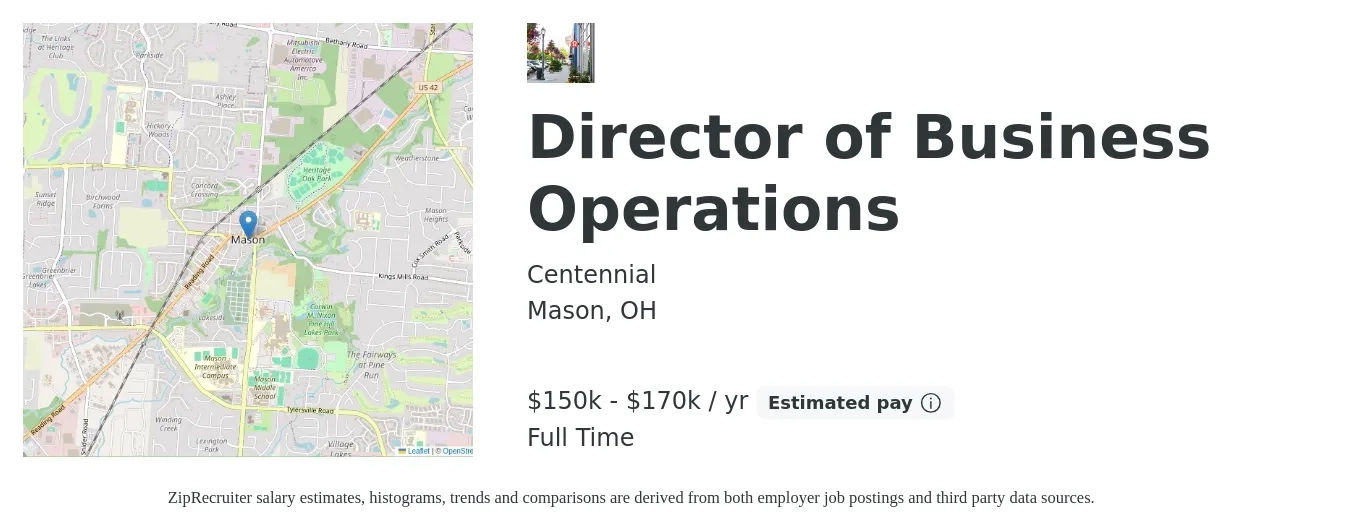 Centennial job posting for a Director of Business Operations in Mason, OH with a salary of $150,000 to $170,000 Yearly with a map of Mason location.