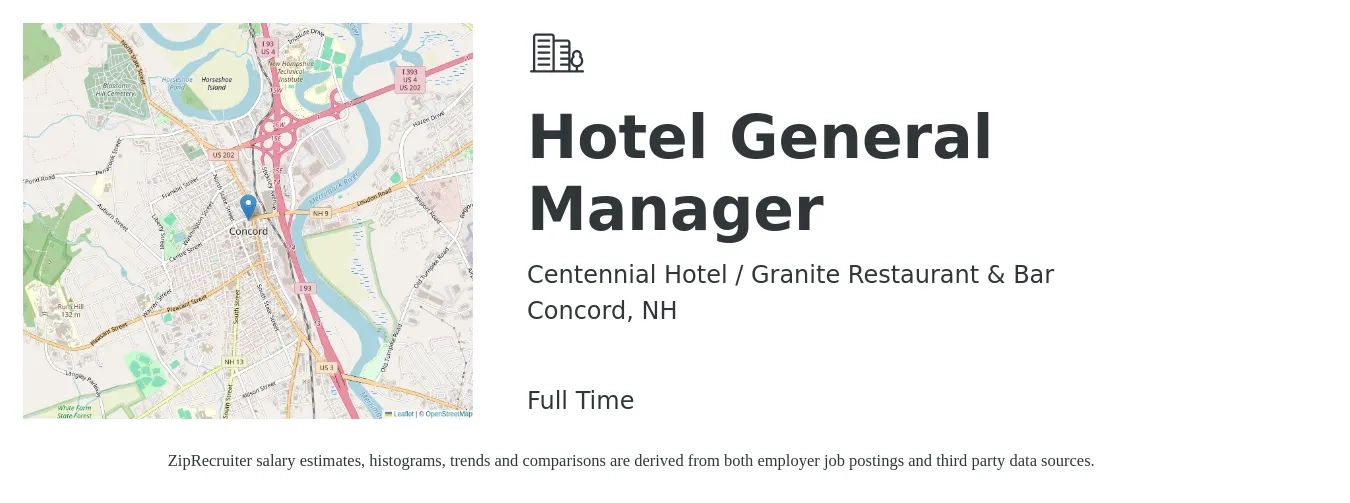 Centennial Hotel / Granite Restaurant & Bar job posting for a Hotel General Manager in Concord, NH with a salary of $62,400 to $99,100 Yearly with a map of Concord location.