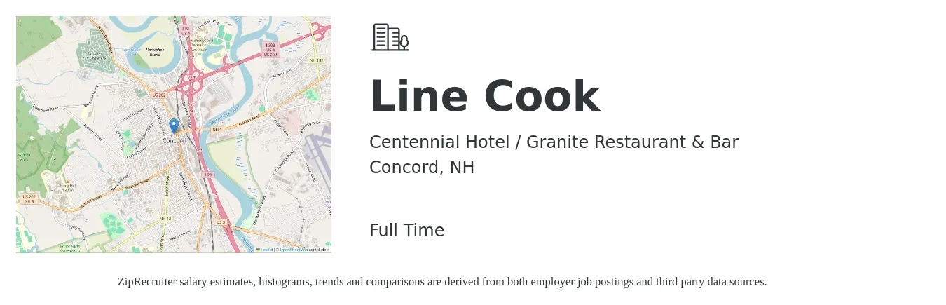 Centennial Hotel / Granite Restaurant & Bar job posting for a Line Cook in Concord, NH with a salary of $16 to $20 Hourly with a map of Concord location.