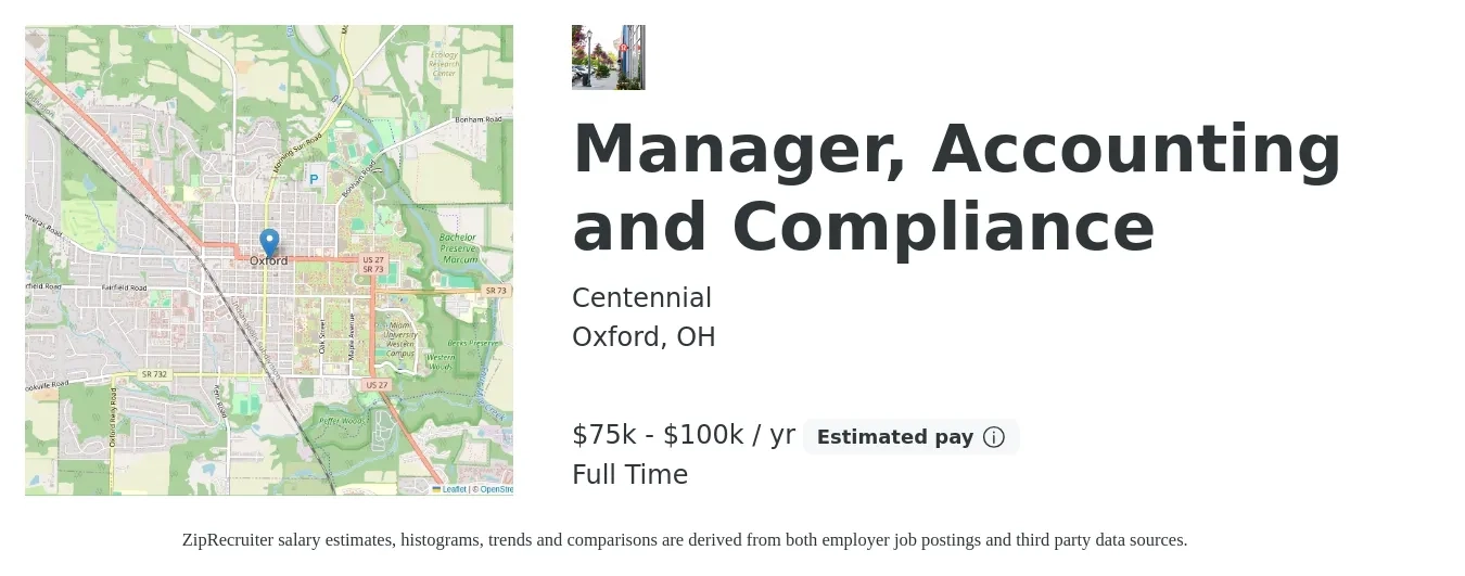 Centennial job posting for a Manager, Accounting and Compliance in Oxford, OH with a salary of $75,000 to $100,000 Yearly with a map of Oxford location.