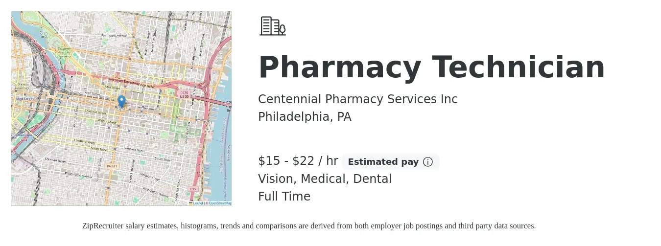 Centennial Pharmacy Services Inc job posting for a Pharmacy Technician in Philadelphia, PA with a salary of $16 to $23 Hourly and benefits including pto, vision, dental, and medical with a map of Philadelphia location.