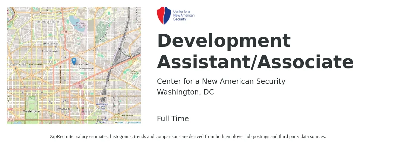 Center for a New American Security job posting for a Development Assistant/Associate in Washington, DC with a salary of $48,100 to $67,900 Yearly with a map of Washington location.