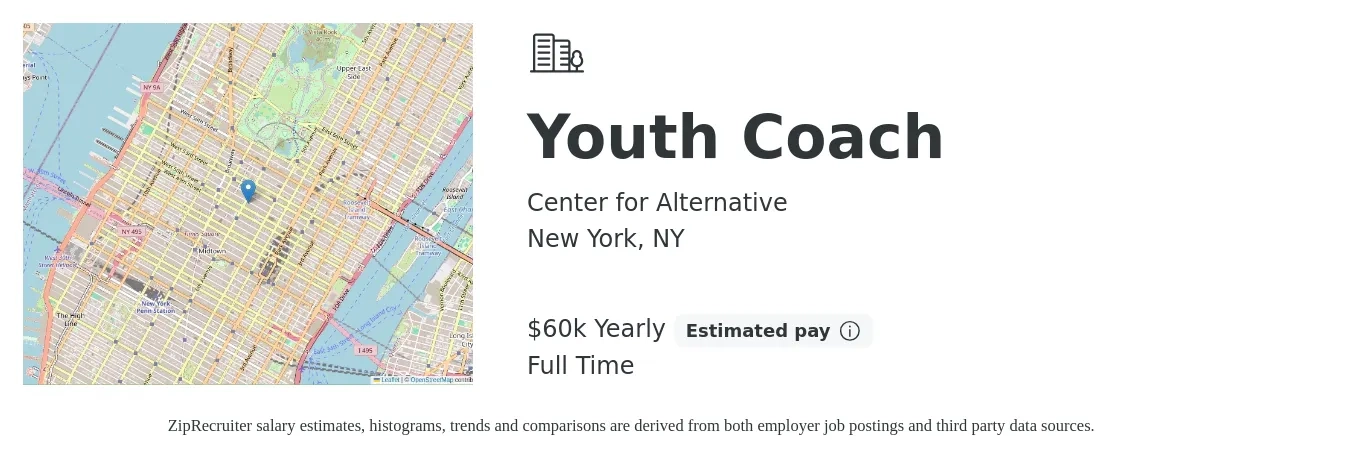 Center for Alternative job posting for a Youth Coach in New York, NY with a salary of $60,000 Yearly with a map of New York location.