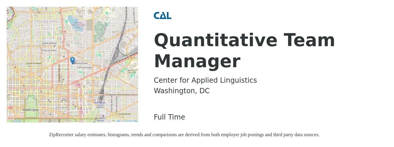 Center for Applied Linguistics job posting for a Quantitative Team Manager in Washington, DC with a salary of $99,000 Yearly with a map of Washington location.