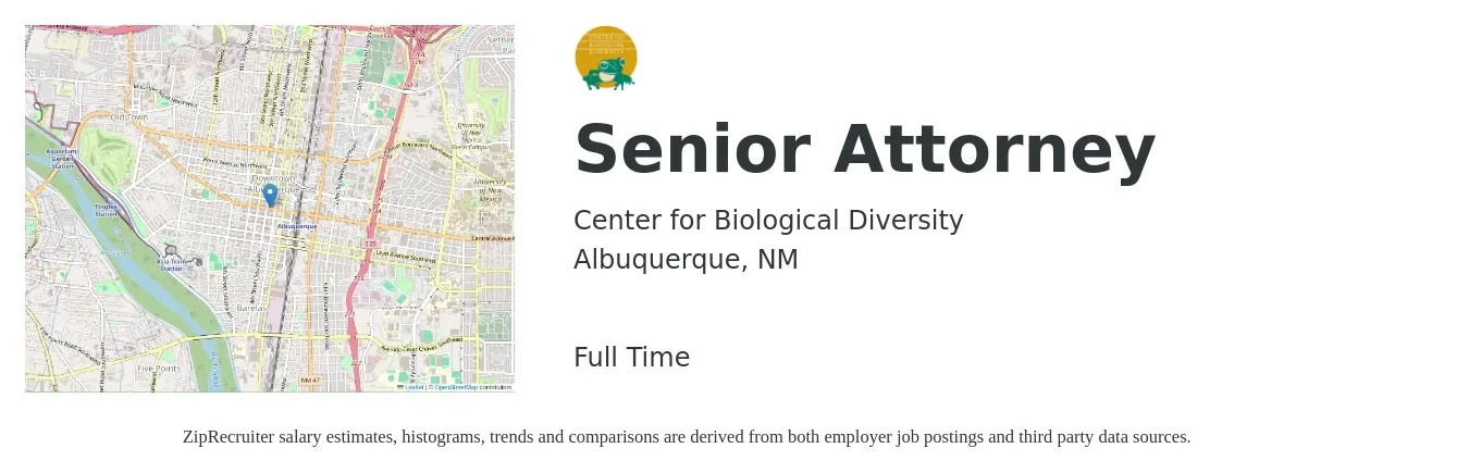 Center for Biological Diversity job posting for a Senior Attorney in Albuquerque, NM with a salary of $85,000 to $125,000 Yearly with a map of Albuquerque location.