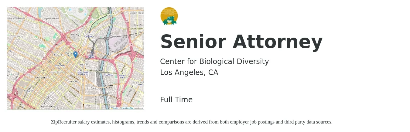 Center for Biological Diversity job posting for a Senior Attorney in Los Angeles, CA with a salary of $69,000 to $125,000 Yearly with a map of Los Angeles location.