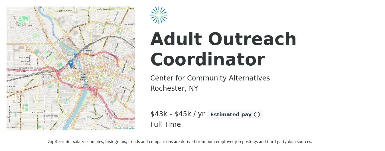 Center for Community Alternatives job posting for a Adult Outreach Coordinator in Rochester, NY with a salary of $43,000 to $45,000 Yearly with a map of Rochester location.