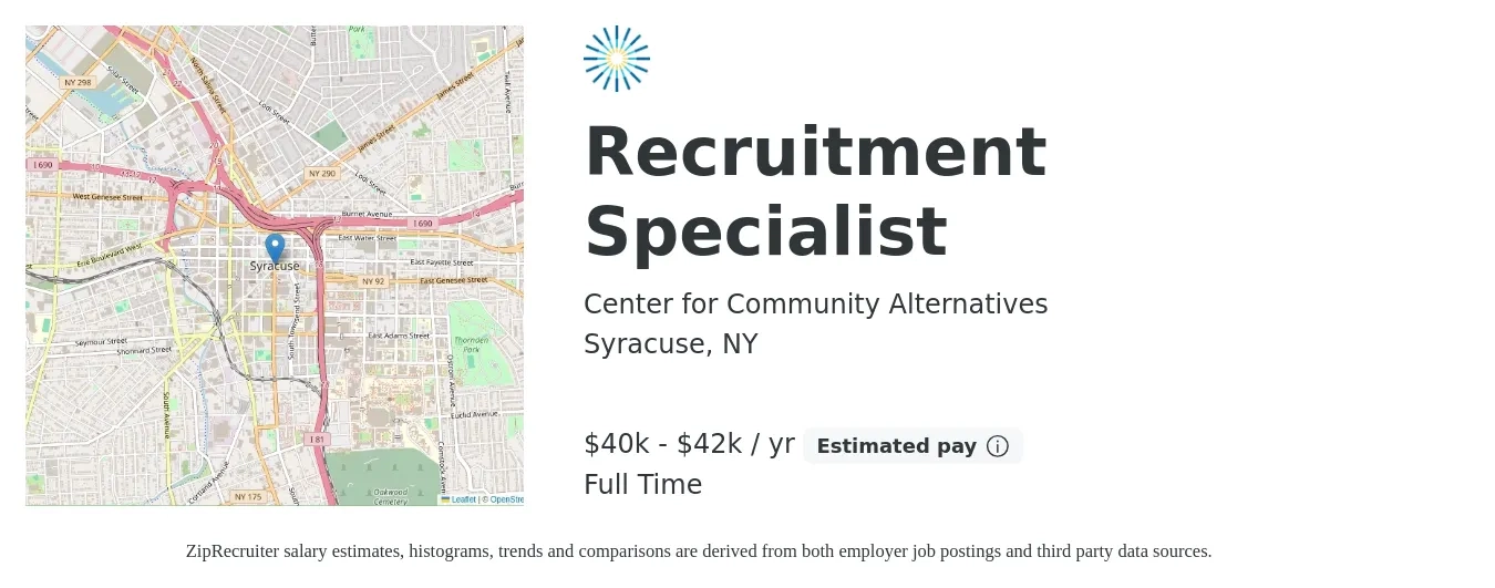 Center for Community Alternatives job posting for a Recruitment Specialist in Syracuse, NY with a salary of $40,000 to $42,000 Yearly with a map of Syracuse location.