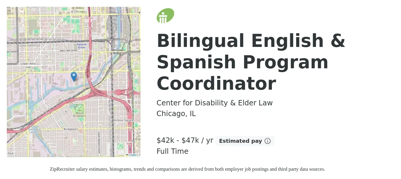 Center for Disability & Elder Law job posting for a Bilingual English & Spanish Program Coordinator in Chicago, IL with a salary of $42 Hourly with a map of Chicago location.