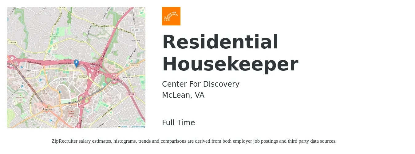 Center For Discovery job posting for a Residential Housekeeper in McLean, VA with a salary of $16 to $18 Hourly with a map of McLean location.