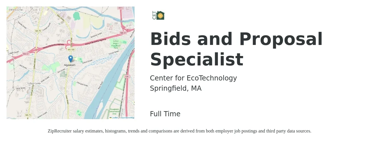 Center for EcoTechnology job posting for a Bids and Proposal Specialist in Springfield, MA with a salary of $60,000 Yearly with a map of Springfield location.