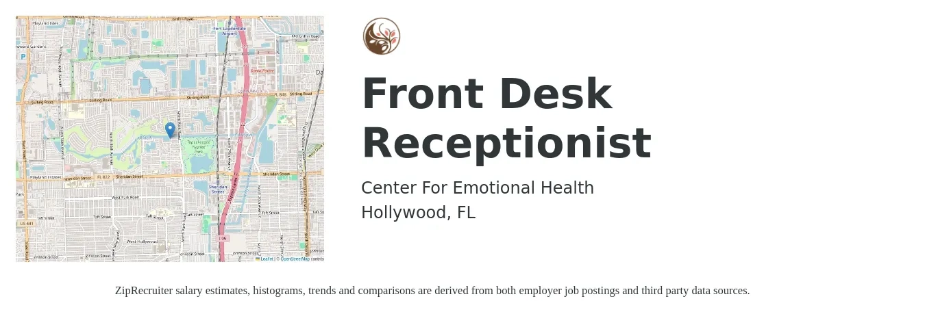 Center For Emotional Health job posting for a Front Desk Receptionist in Hollywood, FL with a salary of $16 Hourly with a map of Hollywood location.