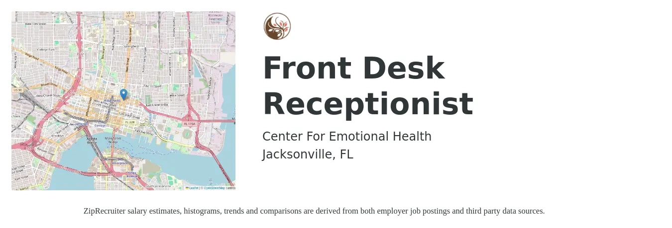 Center For Emotional Health job posting for a Front Desk Receptionist in Jacksonville, FL with a salary of $16 Hourly with a map of Jacksonville location.