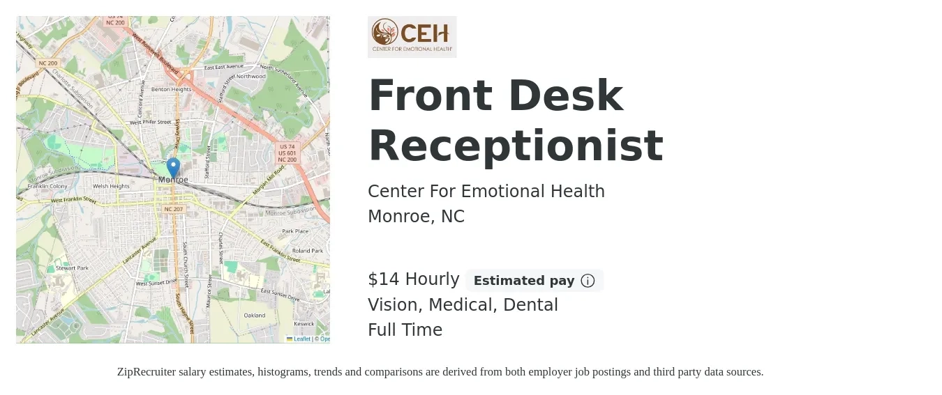 Center For Emotional Health job posting for a Front Desk Receptionist in Monroe, NC with a salary of $15 Hourly with a map of Monroe location.