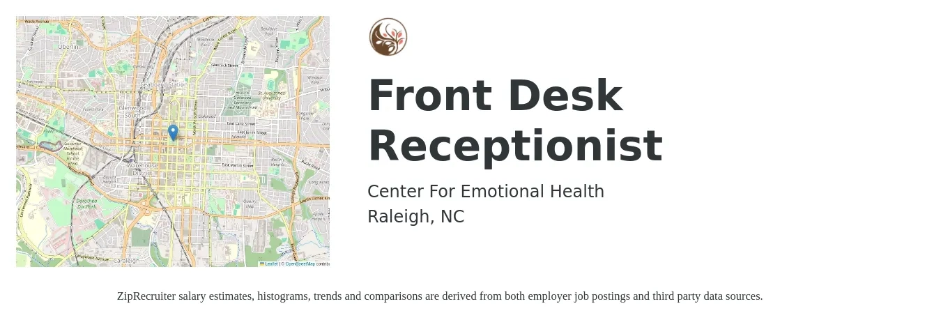 Center For Emotional Health job posting for a Front Desk Receptionist in Raleigh, NC with a salary of $15 Hourly with a map of Raleigh location.