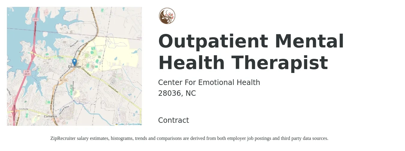Center For Emotional Health job posting for a Outpatient Mental Health Therapist in 28036, NC with a salary of $42 to $48 Hourly with a map of 28036 location.