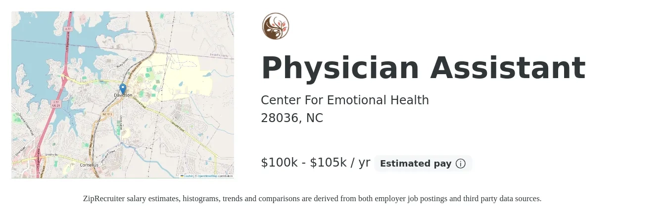 Center For Emotional Health job posting for a Physician Assistant in 28036, NC with a salary of $100,000 to $105,000 Yearly with a map of 28036 location.