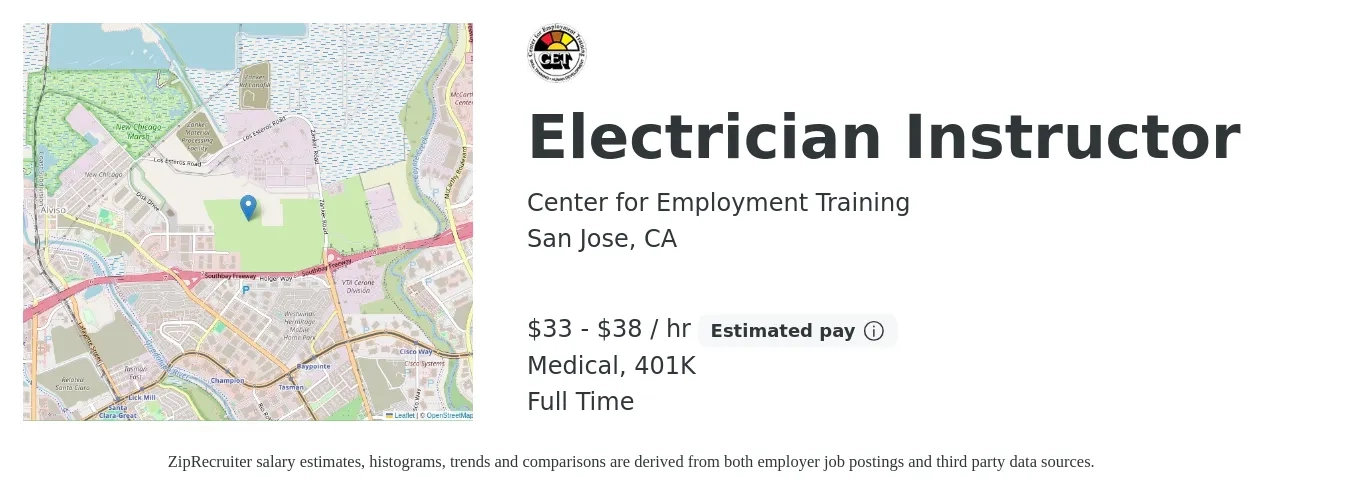 Center for Employment Training job posting for a Electrician Instructor in San Jose, CA with a salary of $35 to $40 Hourly and benefits including 401k, and medical with a map of San Jose location.