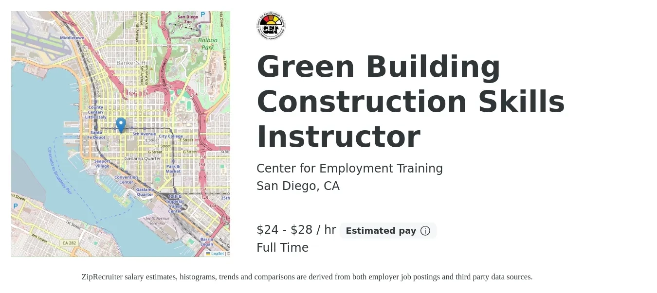 Center for Employment Training job posting for a Green Building Construction Skills Instructor in San Diego, CA with a salary of $25 to $30 Hourly with a map of San Diego location.