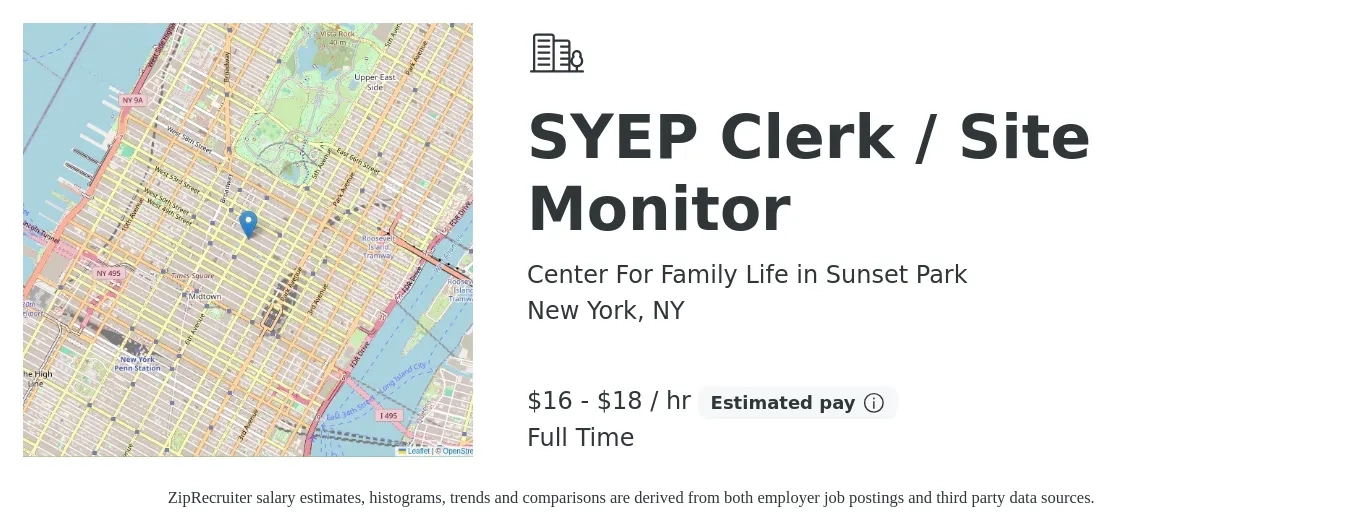 Center For Family Life in Sunset Park Inc job posting for a SYEP Clerk / Site Monitor in New York, NY with a salary of $17 to $19 Hourly with a map of New York location.