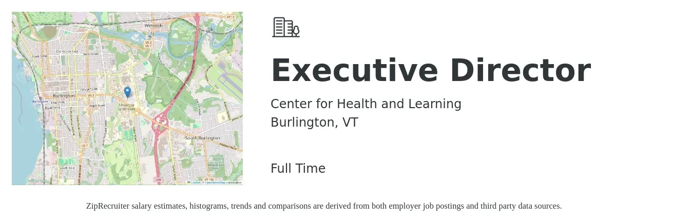 Center for Health and Learning job posting for a Executive Director in Burlington, VT with a salary of $120 Hourly with a map of Burlington location.