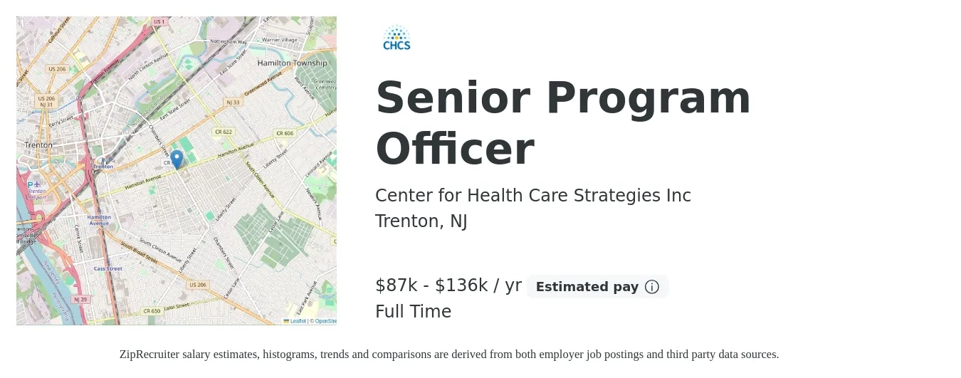Center for Health Care Strategies Inc job posting for a Senior Program Officer in Trenton, NJ with a salary of $87,843 to $136,156 Yearly with a map of Trenton location.
