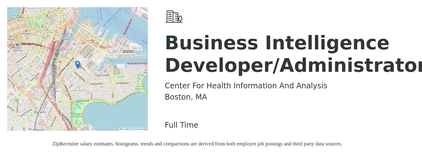 Center For Health Information And Analysis job posting for a Business Intelligence Developer/Administrator in Boston, MA with a salary of $100,000 to $110,000 Yearly with a map of Boston location.