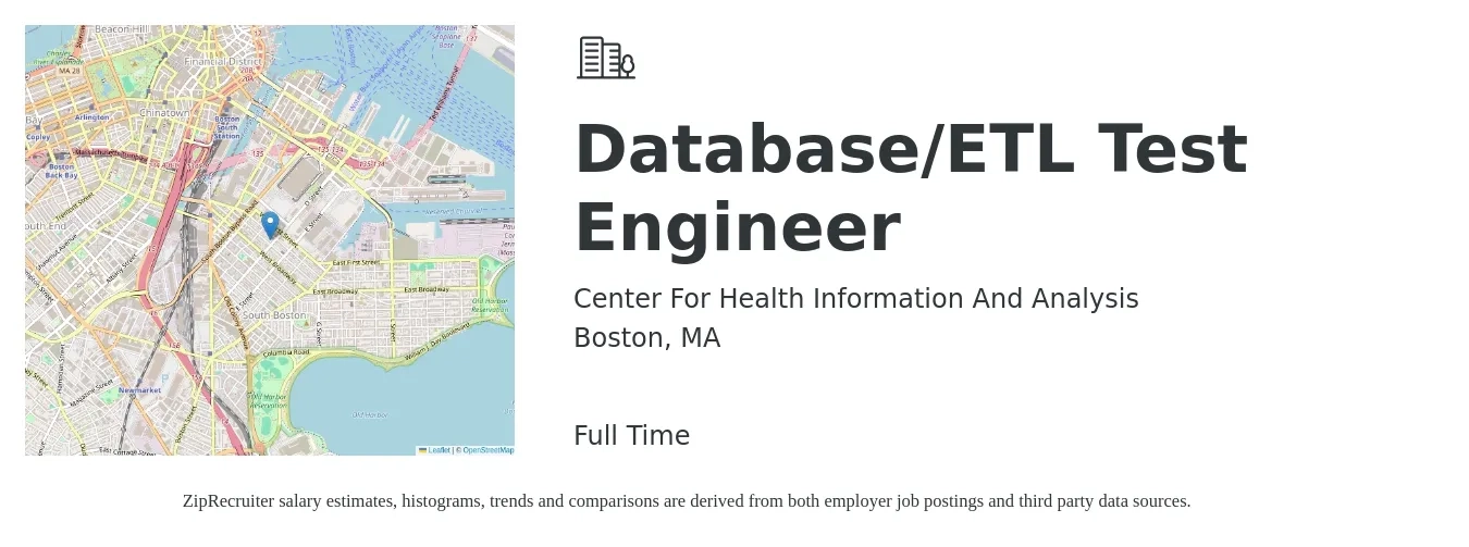 Center For Health Information And Analysis job posting for a Database/ETL Test Engineer in Boston, MA with a salary of $90,000 to $100,000 Yearly with a map of Boston location.