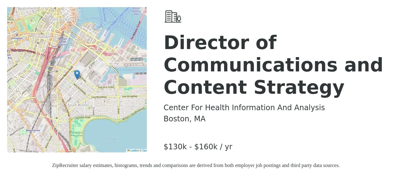 Center For Health Information And Analysis job posting for a Director of Communications and Content Strategy in Boston, MA with a salary of $130,000 to $160,000 Yearly with a map of Boston location.