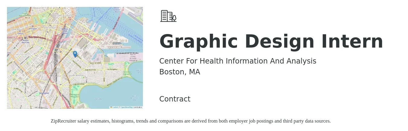 Center For Health Information And Analysis job posting for a Graphic Design Intern in Boston, MA with a salary of $20 to $30 Hourly with a map of Boston location.