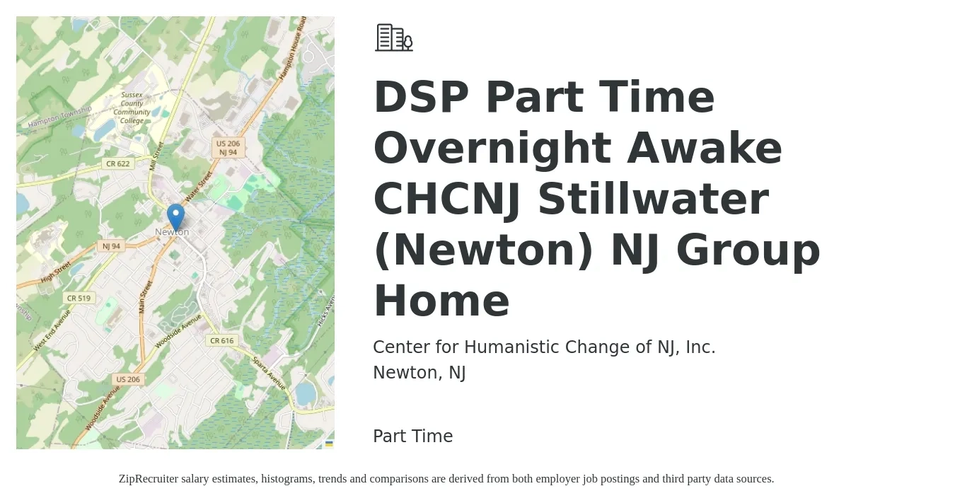 Center for Humanistic Change of NJ, Inc. job posting for a DSP Part Time Overnight Awake CHCNJ Stillwater (Newton) NJ Group Home in Newton, NJ with a salary of $20 Hourly with a map of Newton location.