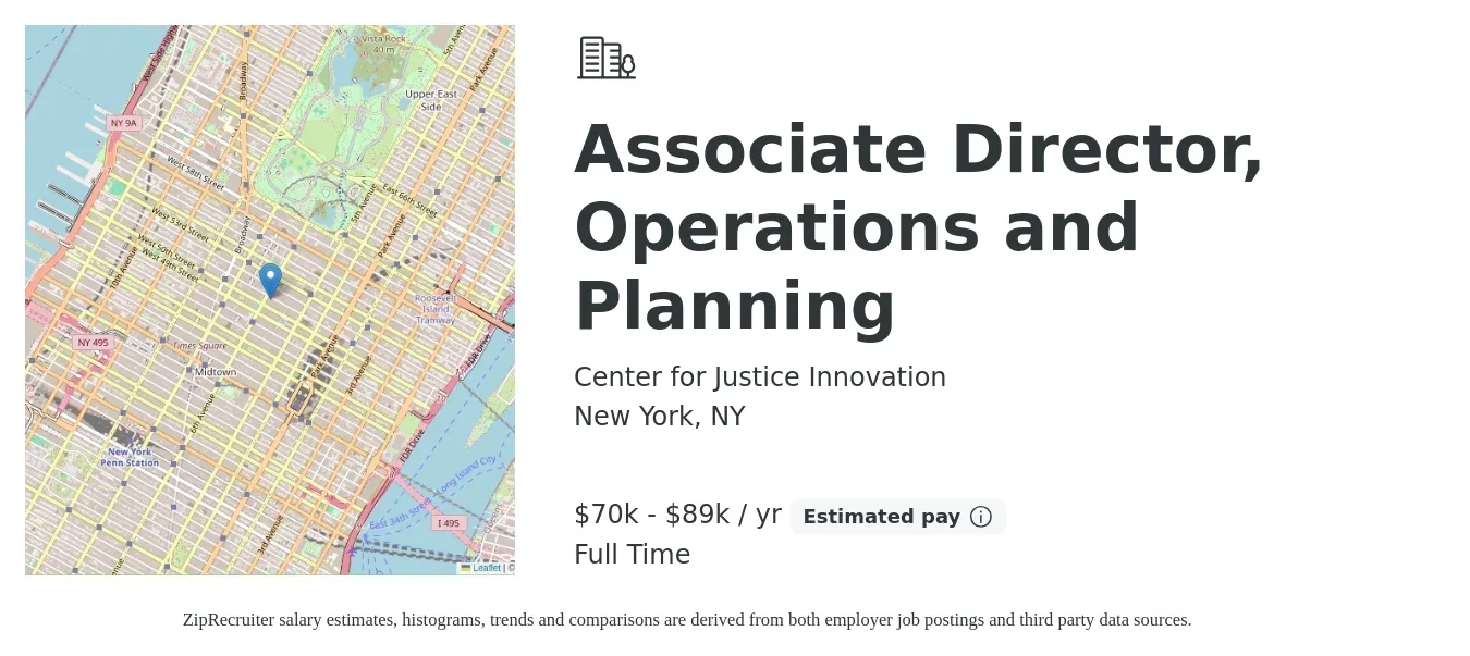 Center for Justice Innovation job posting for a Associate Director, Operations and Planning in New York, NY with a salary of $70,500 to $89,500 Yearly with a map of New York location.