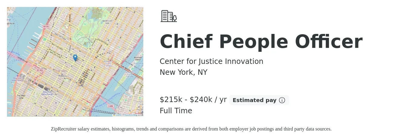Center for Justice Innovation job posting for a Chief People Officer in New York, NY with a salary of $215,000 to $240,000 Yearly with a map of New York location.