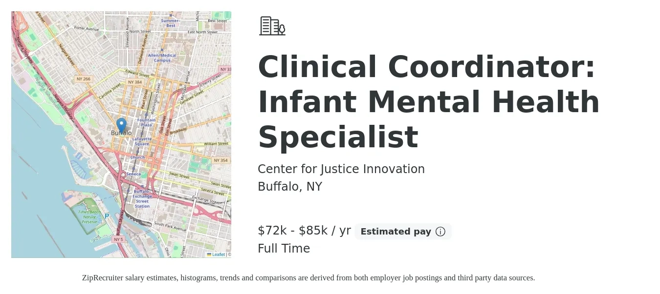 Center for Justice Innovation job posting for a Clinical Coordinator: Infant Mental Health Specialist in Buffalo, NY with a salary of $72,030 to $85,120 Yearly with a map of Buffalo location.