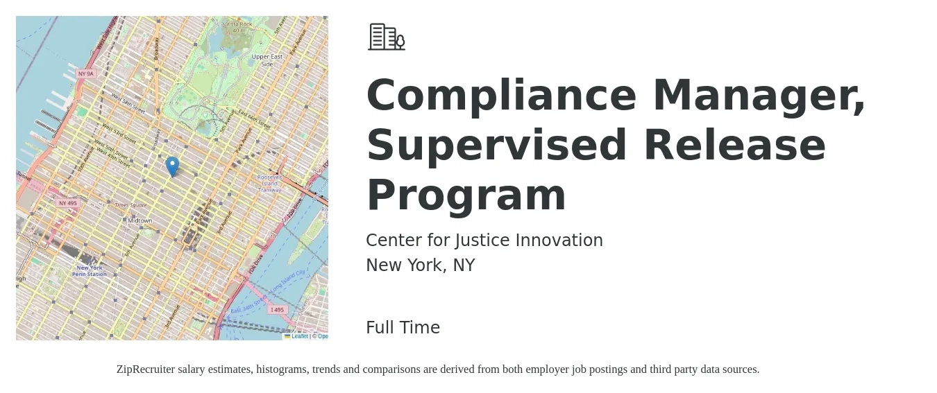 Center for Justice Innovation job posting for a Compliance Manager, Supervised Release Program in New York, NY with a salary of $75,900 to $126,300 Yearly with a map of New York location.