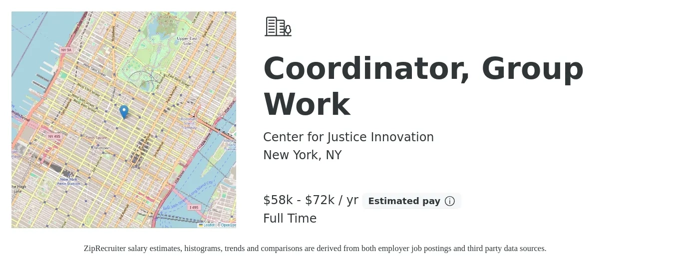 Center for Justice Innovation job posting for a Coordinator, Group Work in New York, NY with a salary of $58,500 to $72,500 Yearly with a map of New York location.